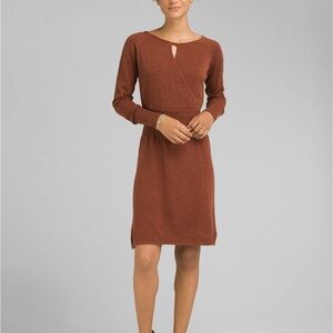 NWT Prana Sz Small Brown Burnt Orange Sonatina Keyhole Faux Wrap Sweater Dress